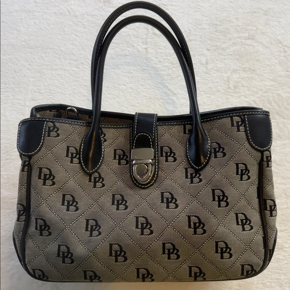 Dooney & Bourke DB Monogram Black & Grey Canvas Satchel Top Handle Bag Classic